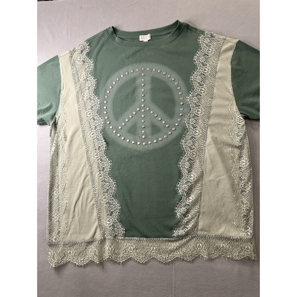 Whiskey Darling Mint Green Retro Rules Bling Peace N Beige Lace Shirt Sz 1XL